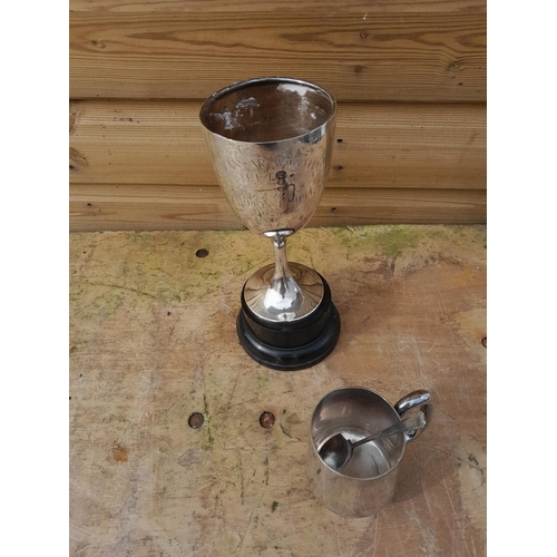 549 - Silver plated tankard and spoon and silver trophy London 1927 makers mark rubbed 146 g