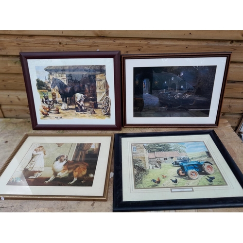 567 - 4 x framed and glazed prints, agriculture and automobilia interest