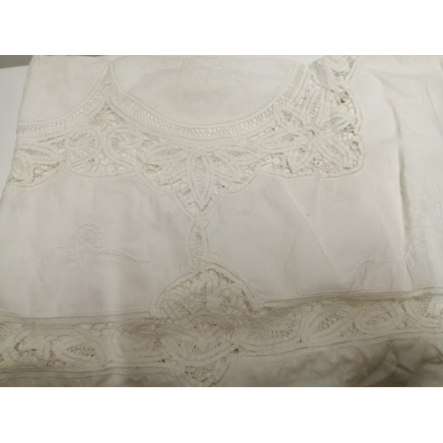 46 - Embroidered cotton bed spread & bedspread with lace edging and centre