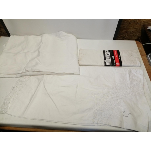 55 - Vintage cotton table cover with lace trim, NOS cotton bedsheet etc.