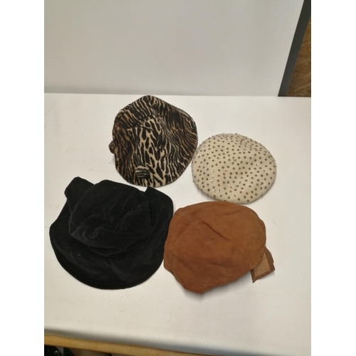 56 - Hats : black cotton velvet , animal print, tan suede by Jacol with bow decoration & cream felt Kango... 