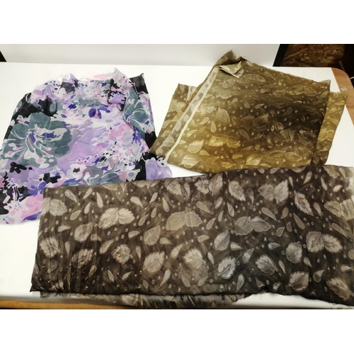 67 - 3 x pieces of fabric : gold coloured leaf design and beige leaf design & multi floral 65