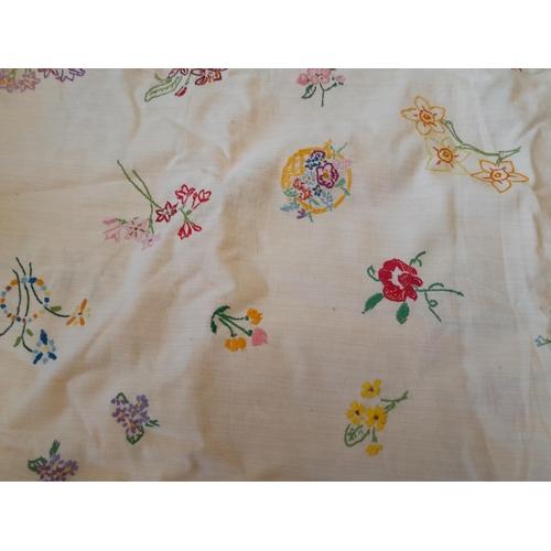 99 - Very light pink ground cotton table cloth with embroidered flower decoration