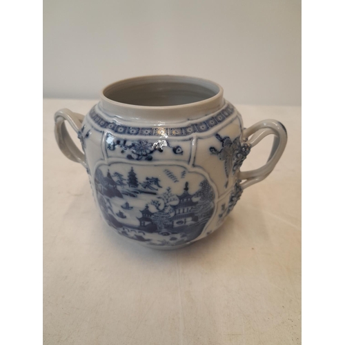 125 - 19th century Chinese blue and white with light gilding Willow pattern vase with double loop handles,... 