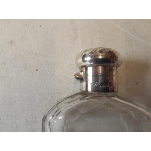 129 - Silver and cut glass hip flask by J C Vickery of London, marks rubbed 1927