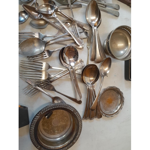 151 - Box of assorted silver plated ware, coaster, cutlery etc.