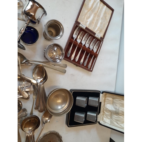 151 - Box of assorted silver plated ware, coaster, cutlery etc.