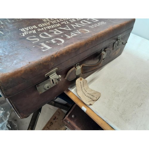 168 - Vintage leather cabin trunk : Capt G F Edwards