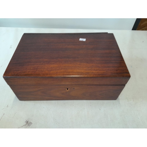 201 - Victorian mahogany work box, fully fitted with split on lid