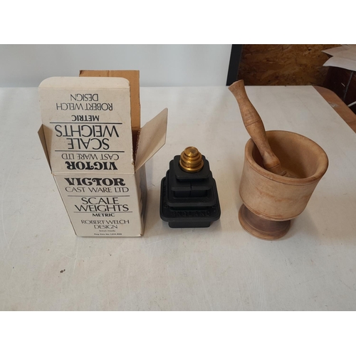 213 - Boxed set of Victor kitchen scale weights designed by R Welch & wooden mortar and pestle