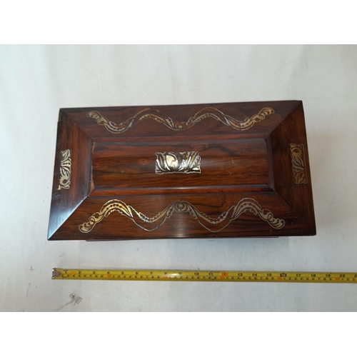 277 - Early Victorian rosewood sarcophagus shaped tea caddy with mother of pearl inlay, light veneer lift ... 