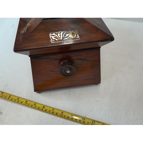 277 - Early Victorian rosewood sarcophagus shaped tea caddy with mother of pearl inlay, light veneer lift ... 