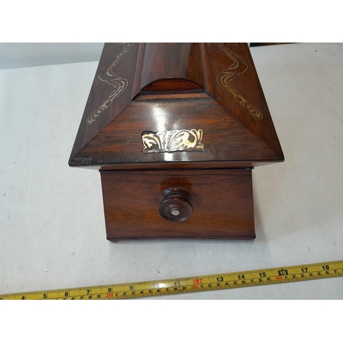 277 - Early Victorian rosewood sarcophagus shaped tea caddy with mother of pearl inlay, light veneer lift ... 