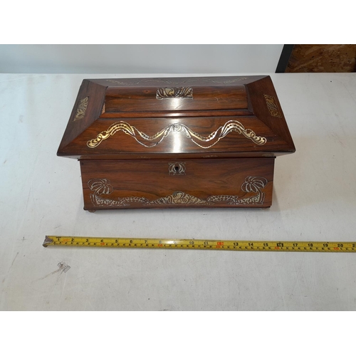 277 - Early Victorian rosewood sarcophagus shaped tea caddy with mother of pearl inlay, light veneer lift ... 