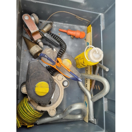 284 - Box of various 20th century surveying tools : prisms, tape measure etc.