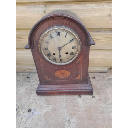 301 - Edwardian inlaid mahogany mantle clock, glass missing