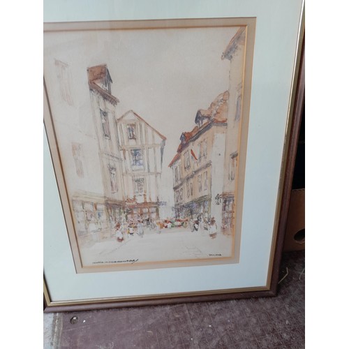 303 - Vintage signed watercolour of Rouen & cat picture in gilt gesso frame