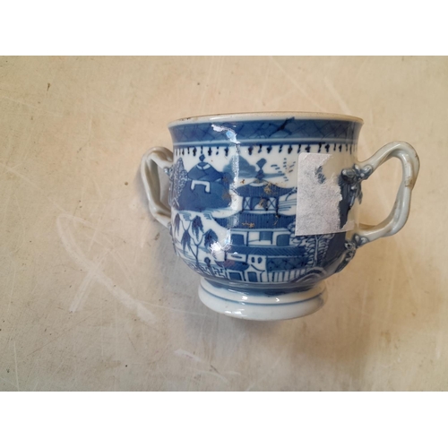 326 - Damaged 19th century Chinese Canton tea pot and antique Chinese blue and white export two handle bow... 