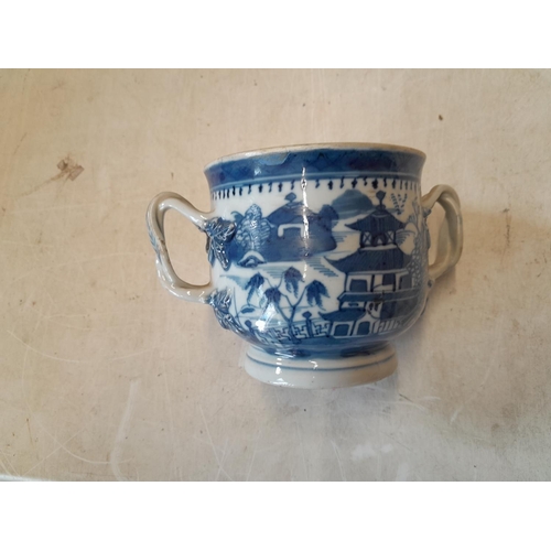 326 - Damaged 19th century Chinese Canton tea pot and antique Chinese blue and white export two handle bow... 