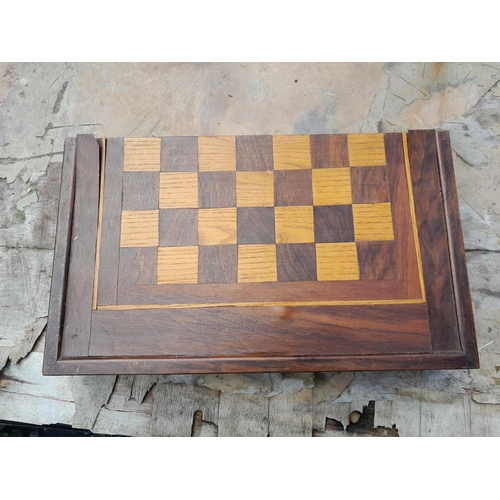 349 - Early 20th century inlaid mahogany games box opening to reveal leather lined interior for back gammo... 