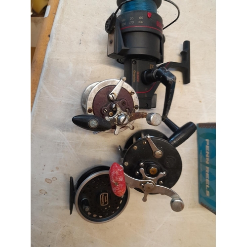 23 - Fishing reels : 2 x Penn, 1 x Leeda Dragon Fly trout reel & 1 x Olympic beach reel