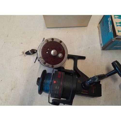 23 - Fishing reels : 2 x Penn, 1 x Leeda Dragon Fly trout reel & 1 x Olympic beach reel