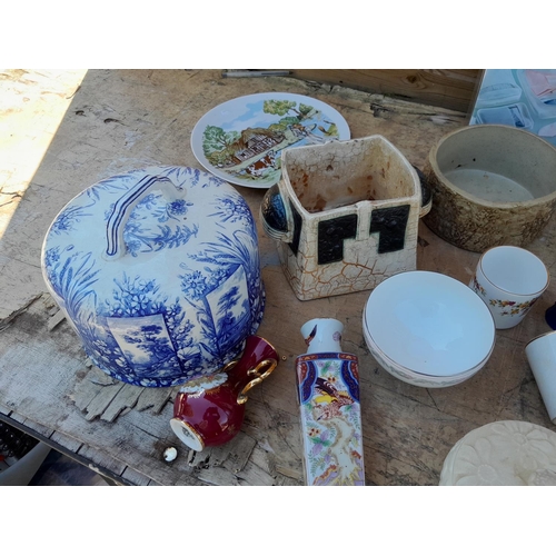 31 - Assorted decorative china : Victorian blue and white cheese cover, Royal Worcester & Grafton Burslem... 