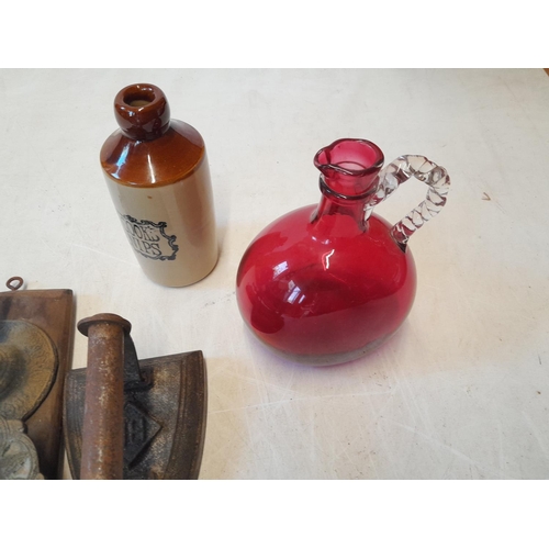 50 - Antique Middle Eastern door knocker on later mount, flat iron Cranberry glass jug etc.