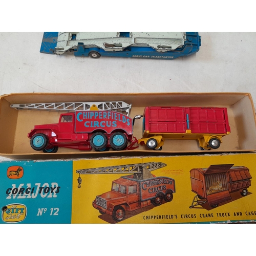 102 - Corgi Major No. 12 boxed Chipperfield Circus Crane Truck and Cage, note torn and scuffed box  & Car ... 