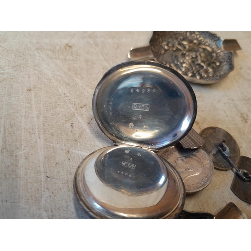4 - 935 silver case ladies fob watch, silver cufflinks, 2 x lower grade white metal Dutch ashtrays