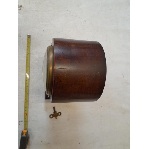 33 - Edwardian inlaid mahogany case mantle clock with pendulum and key