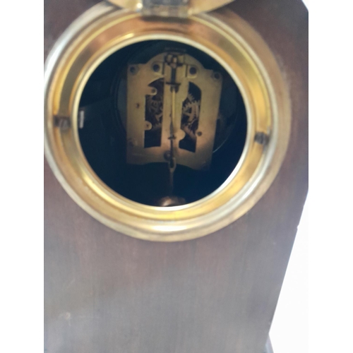 33 - Edwardian inlaid mahogany case mantle clock with pendulum and key