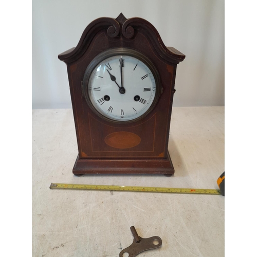 36 - Edwardian inlaid mahogany case chiming mantle clock with key and pendulum