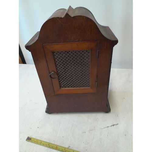 36 - Edwardian inlaid mahogany case chiming mantle clock with key and pendulum