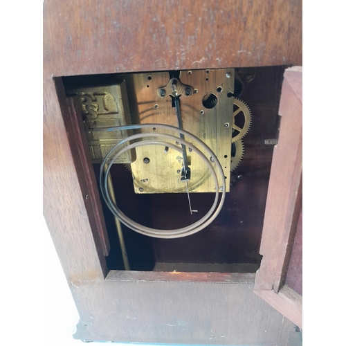 36 - Edwardian inlaid mahogany case chiming mantle clock with key and pendulum