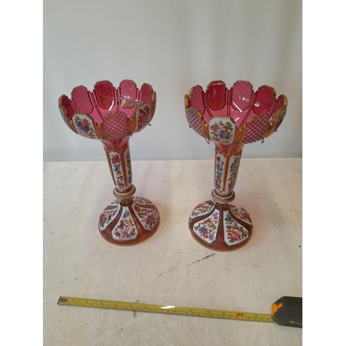 37 - Pair of Victorian cranberry and enamelled glass lustres with extensive damage to one, and odd lustre... 