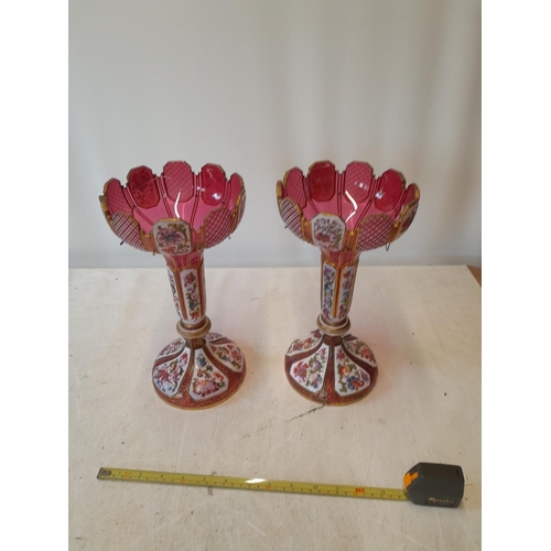 37 - Pair of Victorian cranberry and enamelled glass lustres with extensive damage to one, and odd lustre... 