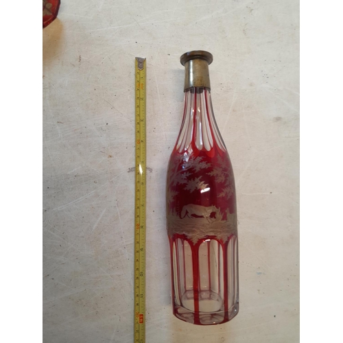 38 - Victorian Bohemia etched ruby glass decanter with bottom fritting