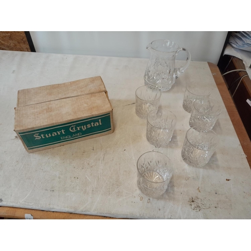 39 - Boxed Stuart Crystal glasses, barely if used and other decorative china, Shelly lamp with hairlines