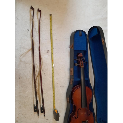 55 - Vintage violin in case, half back model with no makers label, 2 bows both no makers back stamp