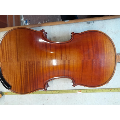 56 - Early 20th century no labelled violin, with half back,  in W E Hill wooden case with Hill back stamp... 