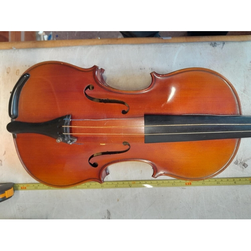 56 - Early 20th century no labelled violin, with half back,  in W E Hill wooden case with Hill back stamp... 