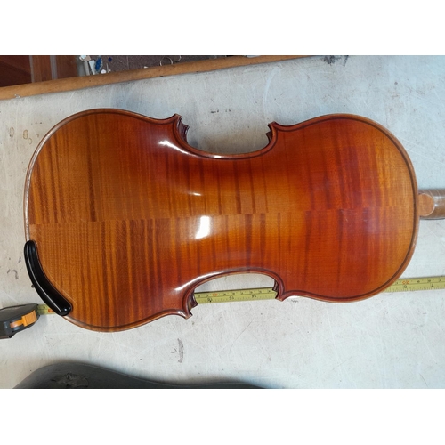 56 - Early 20th century no labelled violin, with half back,  in W E Hill wooden case with Hill back stamp... 