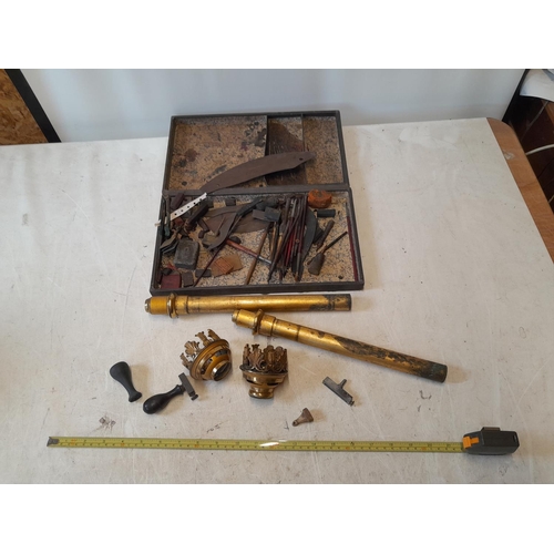 57 - Early 20th century artists box with stamps and lettering, seal and pair of gilded bras wall lights