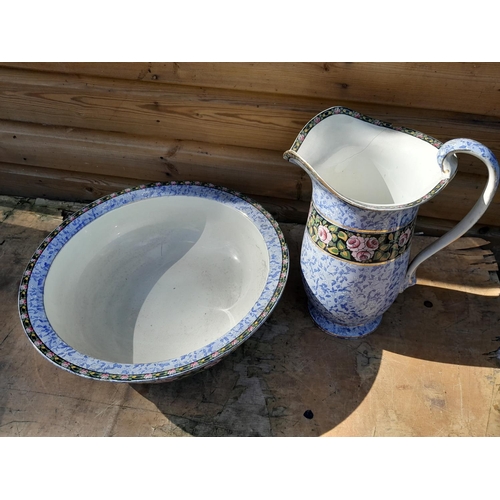 61 - Vintage Cantonese 4 set floral pattern tea set & damaged wash jug and basin
