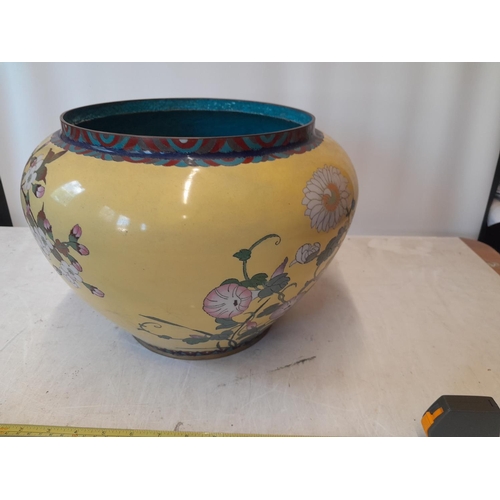 68 - Early 20th century Chinese cloisonne vase with yellow ground, note thumb nail sized chip and crows f... 