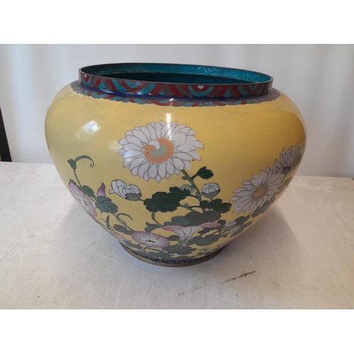 68 - Early 20th century Chinese cloisonne vase with yellow ground, note thumb nail sized chip and crows f... 
