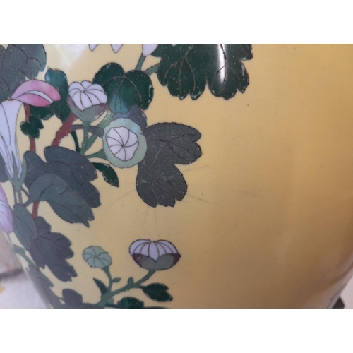 68 - Early 20th century Chinese cloisonne vase with yellow ground, note thumb nail sized chip and crows f... 