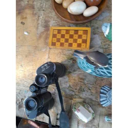 72 - Assorted pottery and painted wooden ducks, wooden ware eggs etc