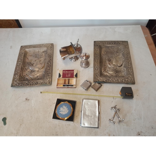 76 - Silver plate : pair of repousse work dishes, Dunhill cigarette holder, knife rests etc.